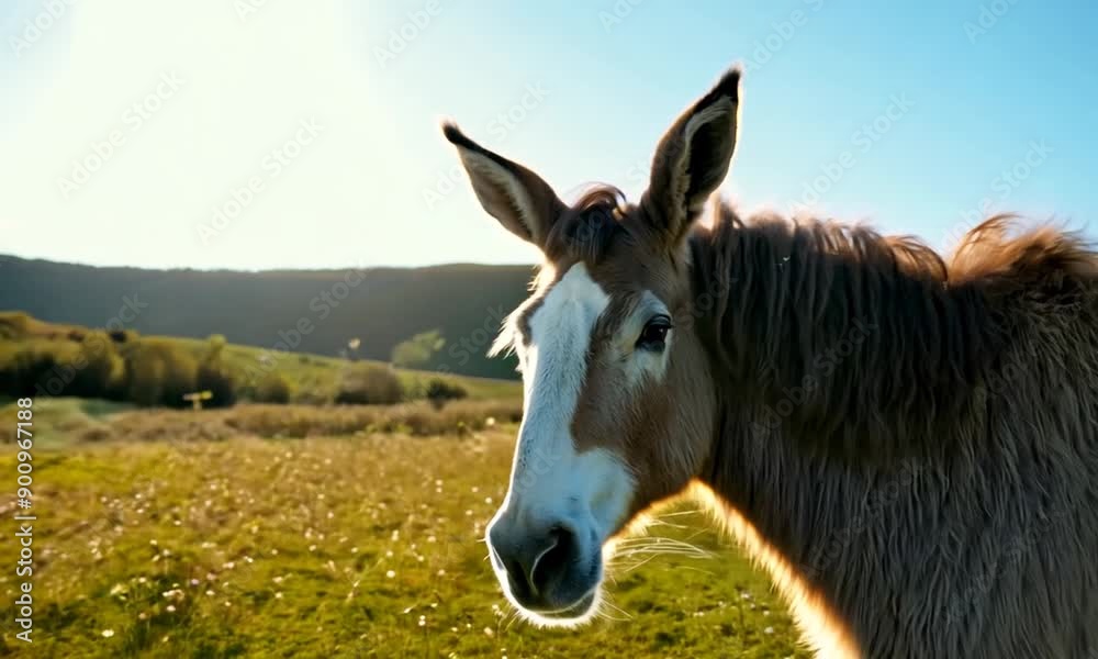 donkey with a stupid expression, ears perked up, standing in a grassy meadow under a clear blue sky donkey with a stupid expression, ears perked up, standing in a grassy meadow under a clear blue sky