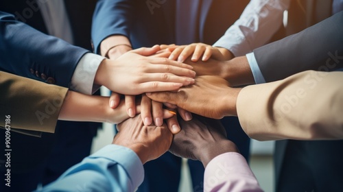 A diverse group of hands stacked together, symbolizing unity and teamwork, with each hand resting on top of the other, all set against a blurred office background © Prapan