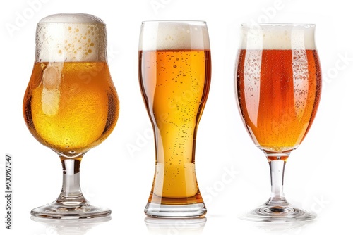 Collection of three different glasses of beer on white background. Clipping paths - generative ai