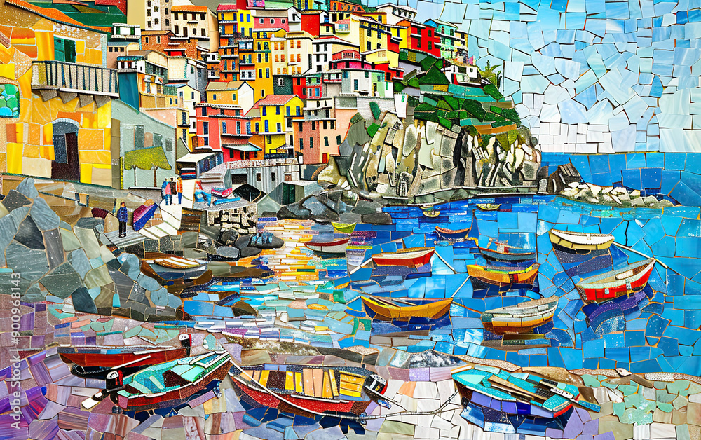 Fototapeta premium Vibrant Coastal Village Mosaic
