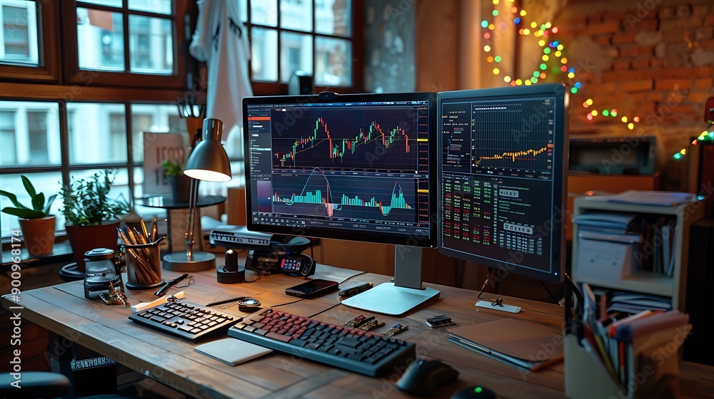 Stock Market Analysis Workspace with Dual Monitors Stock Market Analysis Workspace with Dual Monitors