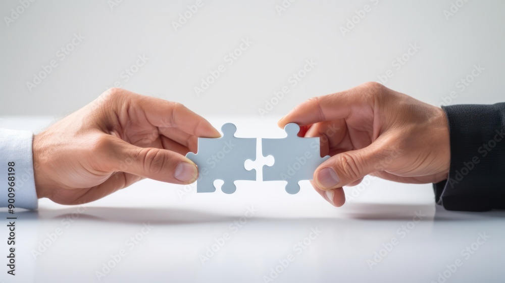 Two hands working together to fit a single puzzle piece into an incomplete puzzle on a pristine white surface, illustrating collaboration and concentration