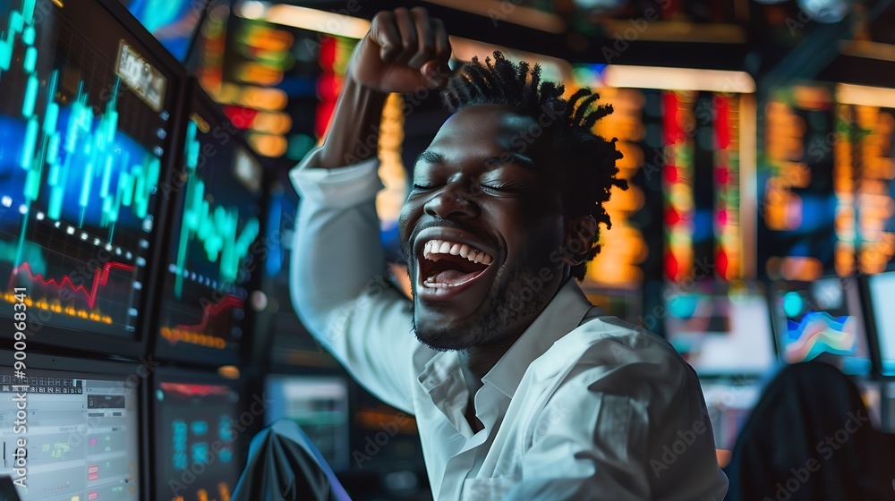 Joyful Trader Celebrating Success in Front of Stock Market Data Joyful Trader Celebrating Success in Front of Stock Market Data