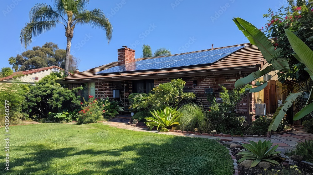 Modern house with solar panels and spacious backyard garden generated with AI Modern house with solar panels and spacious backyard garden generated with AI