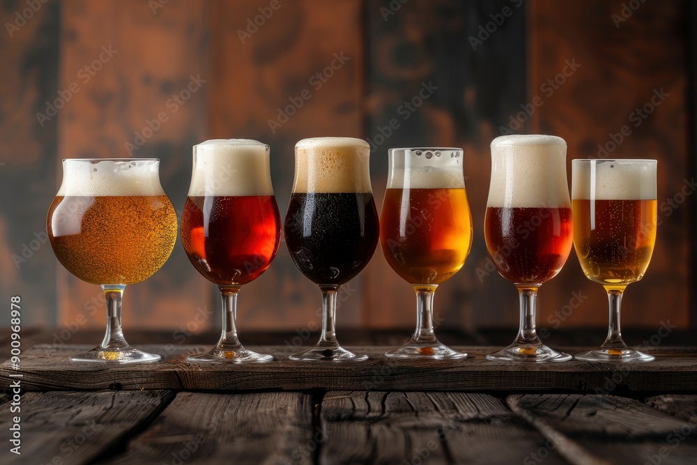 Craft beer. Different glasses of beer on the table, copy space - generative ai Craft beer. Different glasses of beer on the table, copy space - generative ai