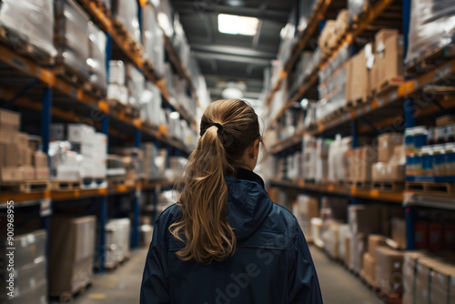 Warehouse employee working in warehouse, back view of employee, copy space