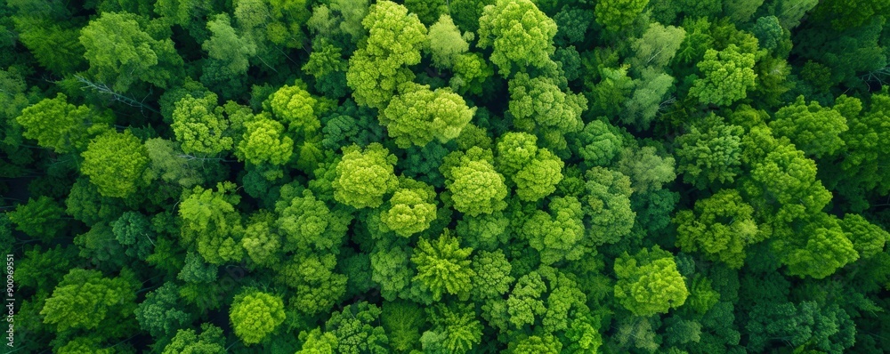 Naklejka premium Aerial view of a lush green forest filled with dense tree canopies, showcasing nature's vibrant colors and diverse landscapes.