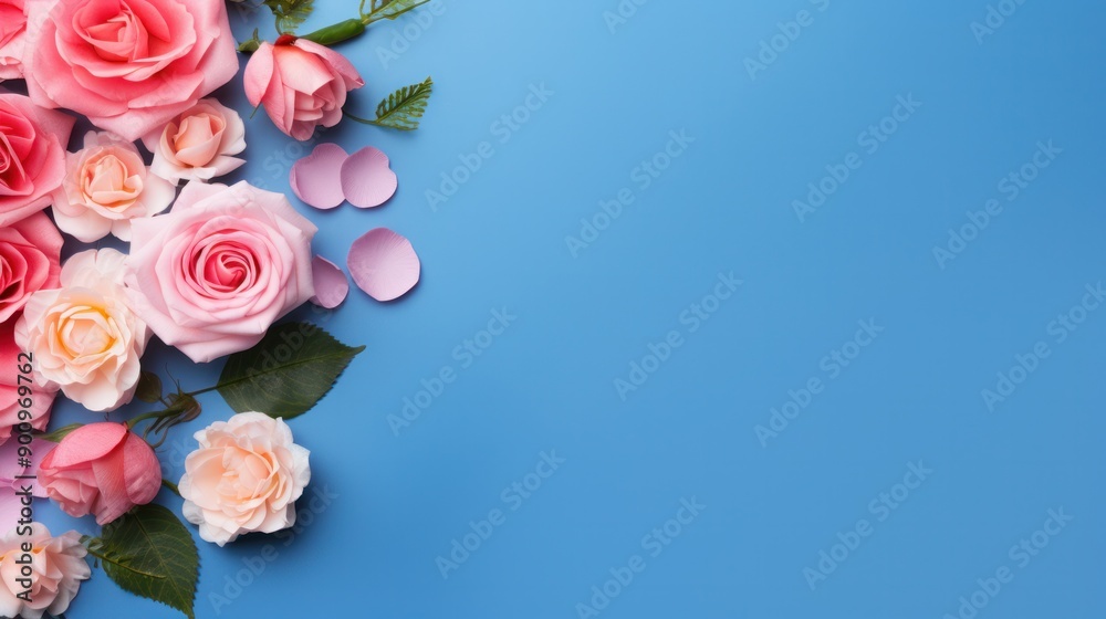 A beautiful composition featuring a cluster of fresh rose flowers against a bold blue backdrop. A beautiful composition featuring a cluster of fresh rose flowers against a bold blue backdrop.