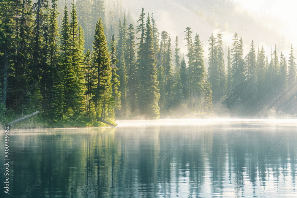 Misty Morning Forest: A Serene Mountain Lake Reflection Misty Morning Forest: A Serene Mountain Lake Reflection