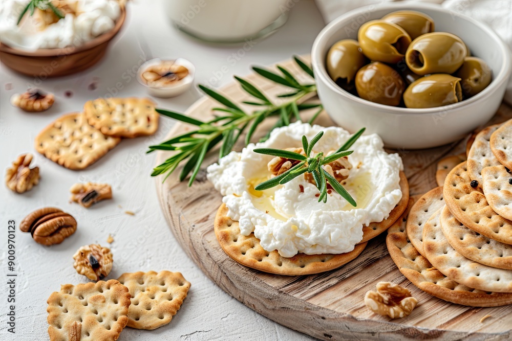 Rosemary and Walnut Topped Cream Cheese on Crackers. Rosemary and Walnut Topped Cream Cheese on Crackers.