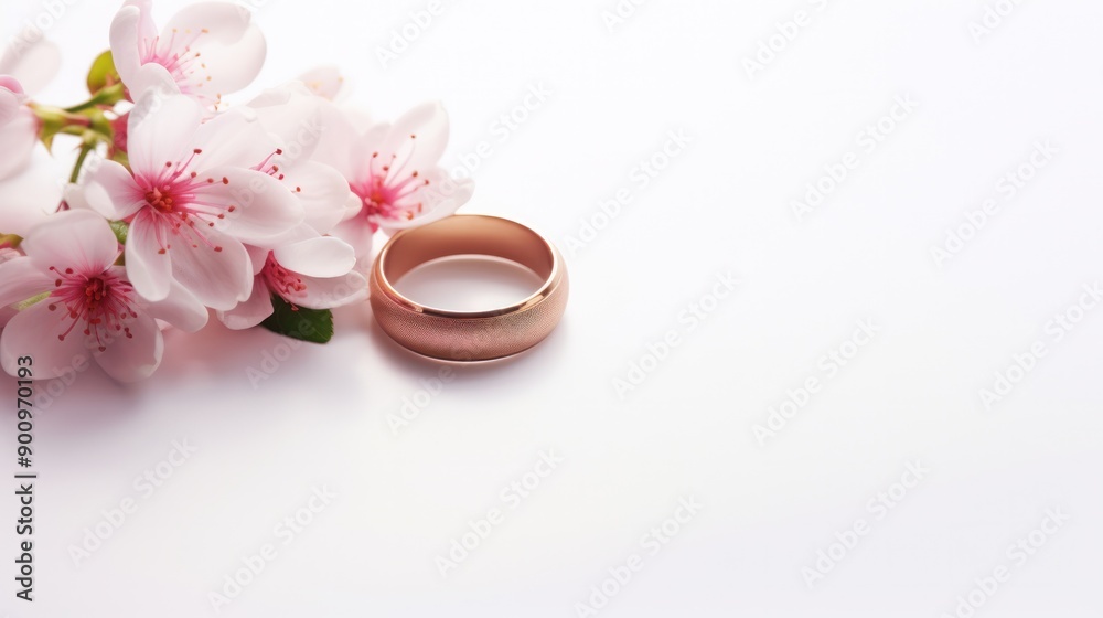 A minimalist design with a white background and a cluster of soft pink flowers, complemented by the placement of two gleaming golden wedding rings, capturing a sense of purity and affection A minimalist design with a white background and a cluster of soft pink flowers, complemented by the placement of two gleaming golden wedding rings, capturing a sense of purity and affection