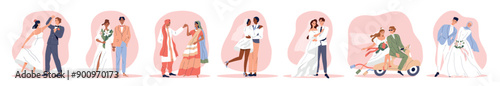 Wedding love couples set. Marriage of happy multicultural brides and grooms. Newlyweds in white dress and tuxedo. Romantic people. Flat vector illustration collection isolated on white background
