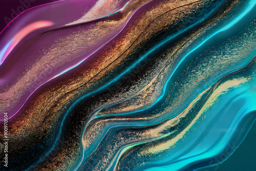 A mesmerizing interplay of colors and textures. It features wavy patterns of varying hues, ranging from deep purples and blues to vibrant pinks and golds. 