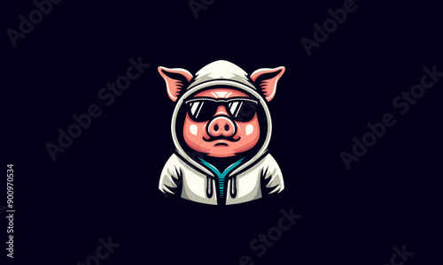 head pig wearing sun glass and hoodie vector mascot design
