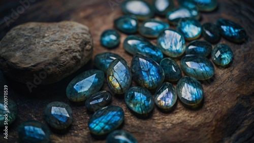Labradorite stones displayed on a wooden surface, showcasing their iridescent colors and unique patterns