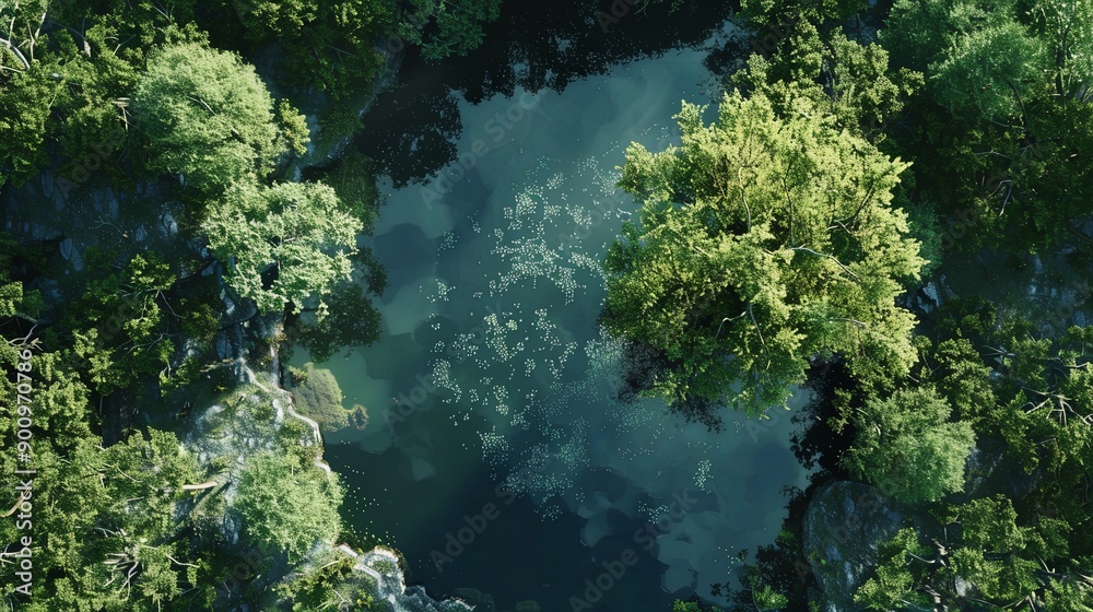 A pond with trees surrounding it A pond with trees surrounding it