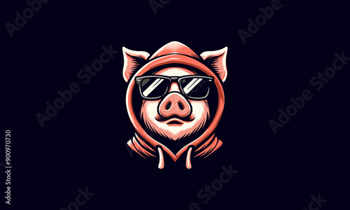 head pig wearing sun glass and hoodie vector mascot design