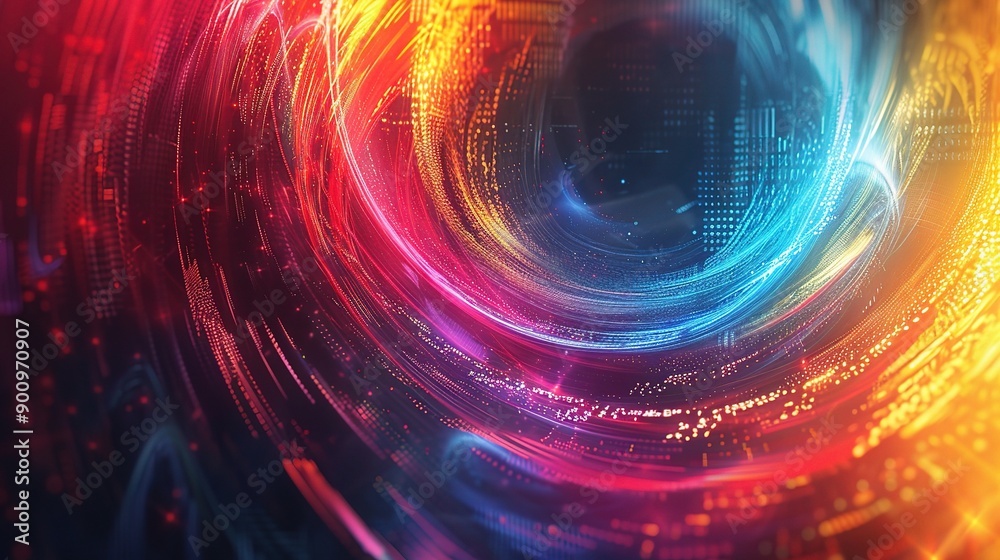 Cosmic Whirlpool of Energy: A vibrant vortex of red, orange, and blue light streaks across a dark background. Cosmic Whirlpool of Energy: A vibrant vortex of red, orange, and blue light streaks across a dark background.