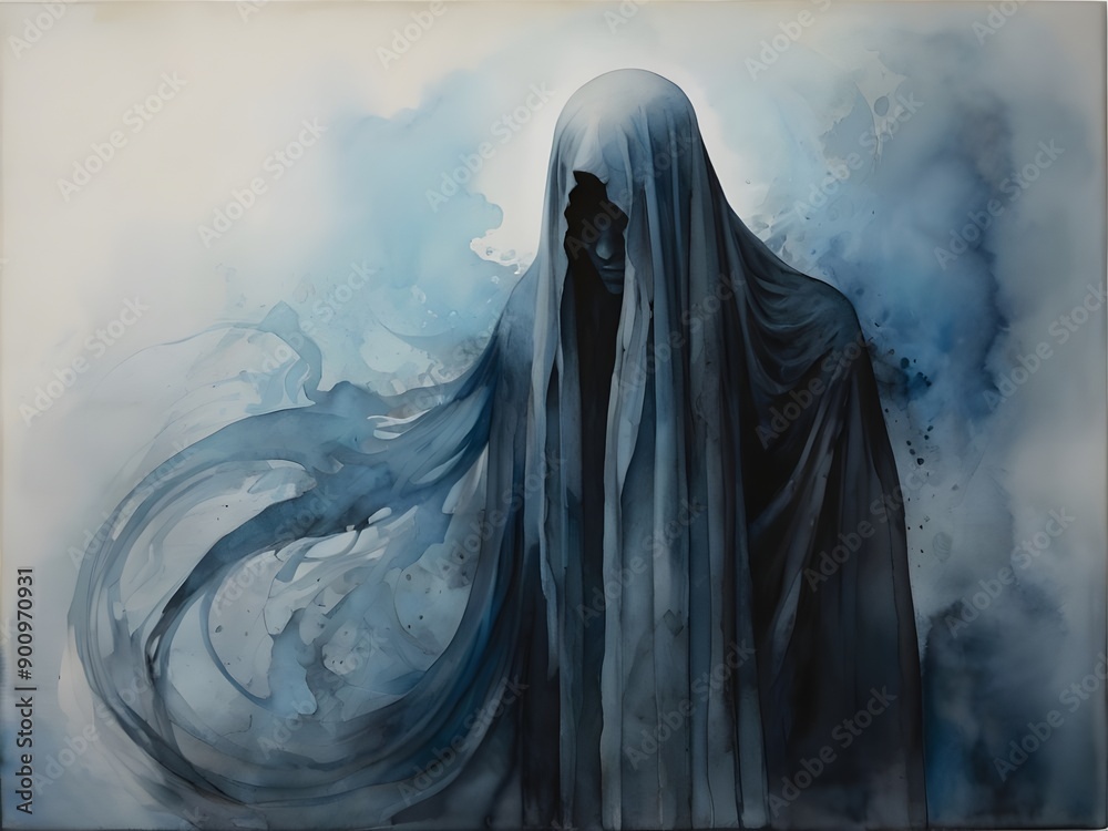 A softly glowing gothic plasma phantom, ethereal and serene amidst the darkness: wisps of pale blue light intertwine with shadows, creating a hauntingly beautiful contrast. Generative AI
