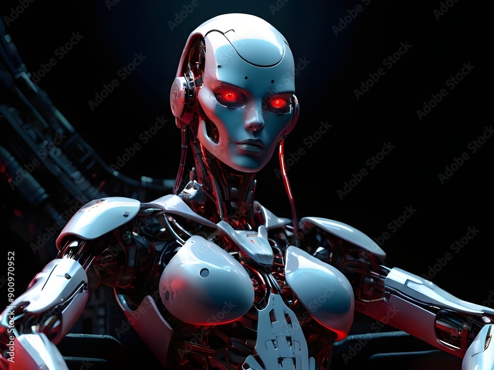 an ultra-realistic body image of a robot woman. Red eyes. She's sitting on a big cybernetic throne, she's the queen of the cyborgs. Red details. Dark cyberpunk mechanical detail. Generative AI an ultra-realistic body image of a robot woman. Red eyes. She's sitting on a big cybernetic throne, she's the queen of the cyborgs. Red details. Dark cyberpunk mechanical detail. Generative AI