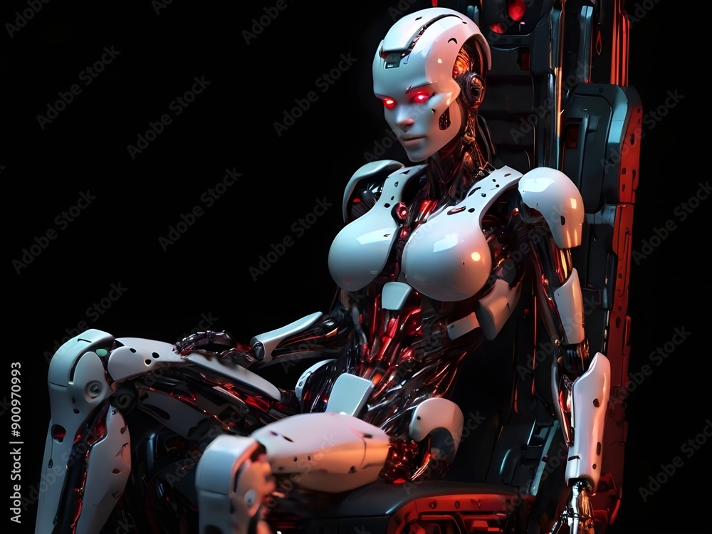 an ultra-realistic body image of a robot woman. Red eyes. She's sitting on a big cybernetic throne, she's the queen of the cyborgs. Red details. Dark cyberpunk mechanical detail. Generative AI an ultra-realistic body image of a robot woman. Red eyes. She's sitting on a big cybernetic throne, she's the queen of the cyborgs. Red details. Dark cyberpunk mechanical detail. Generative AI
