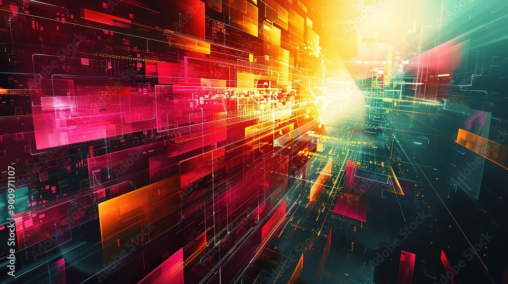 Fototapeta premium Digital Gateway: A vibrant abstract background with a dynamic perspective of glowing rectangular shapes