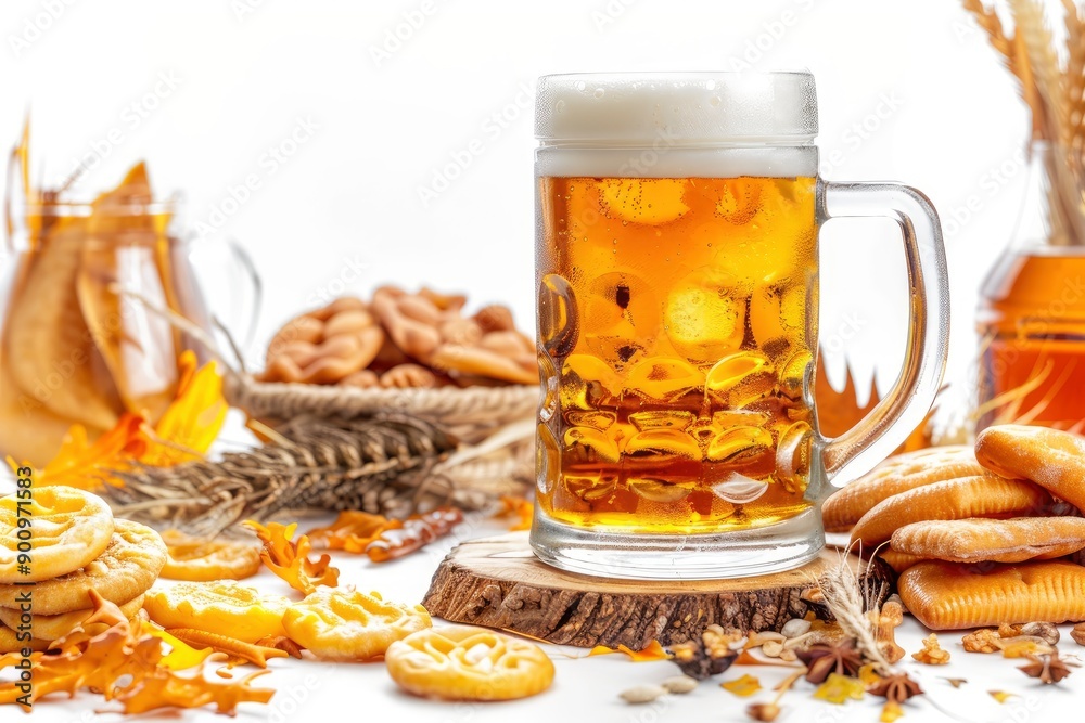 Glass of cold beer and different snacks on white background. Oktoberfest celebration, copy space - generative ai Glass of cold beer and different snacks on white background. Oktoberfest celebration, copy space - generative ai