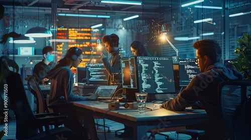 A group of people are working on computers in a dimly lit room