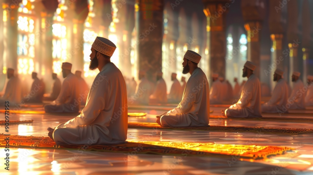 Muslim men praying in a mosque. Muslim men praying in a mosque.