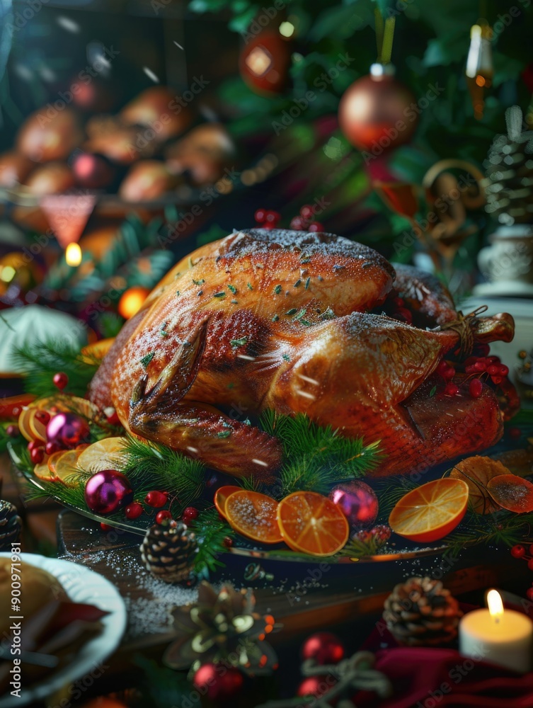 A whole turkey sits on a platter surrounded by orange slices, perfect for a holiday meal or party A whole turkey sits on a platter surrounded by orange slices, perfect for a holiday meal or party