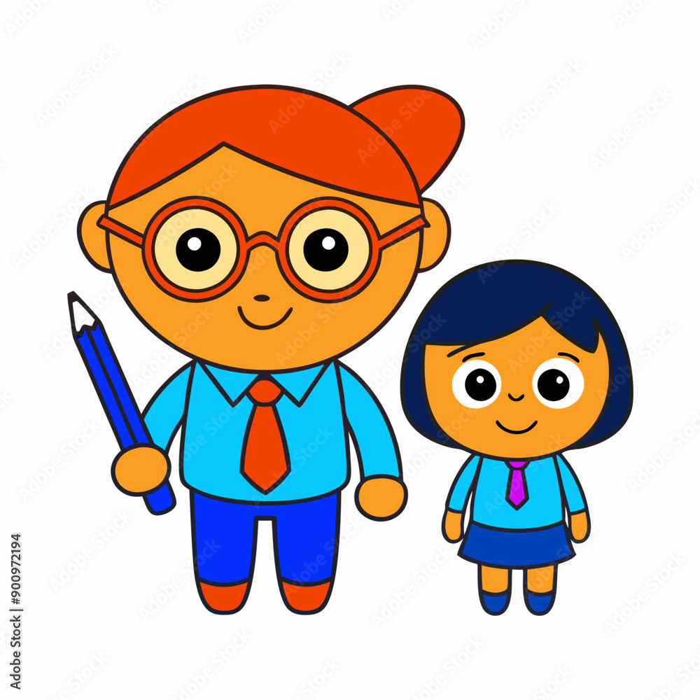 A kid wearing glasses and school clothes with pen, determined teacher vector art illustration. isolated on a white background A kid wearing glasses and school clothes with pen, determined teacher vector art illustration. isolated on a white background