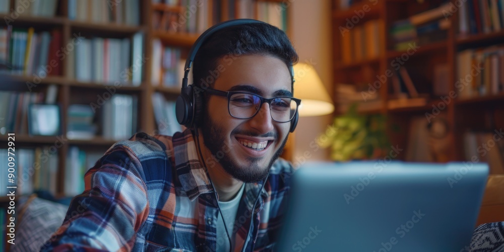 A person using a laptop with headphones on, suitable for remote work or learning scenarios