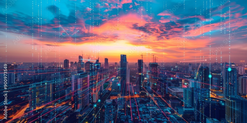 Fototapeta premium Digital Network Skyline with Futuristic Cityscape at Sunset, generative ai