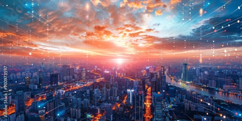 Digital Network Skyline with Futuristic Cityscape at Sunset, generative ai