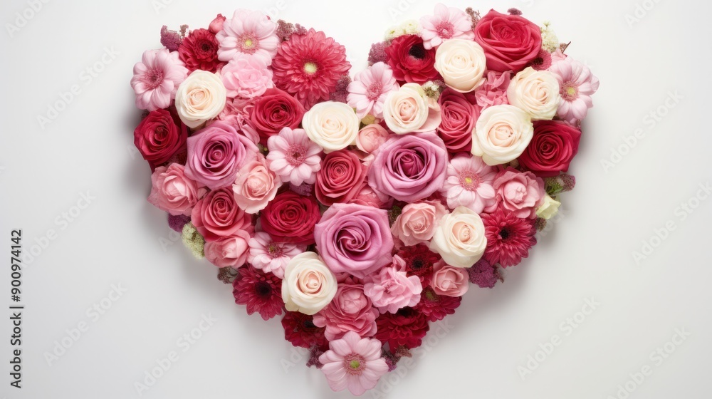 An artistic depiction of a heart made from a variety of pink and red roses, arranged in a precise formation. An artistic depiction of a heart made from a variety of pink and red roses, arranged in a precise formation.