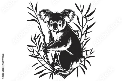 Wallpaper Mural Black and white illustration of a koala sitting in a eucalyptus tree. Torontodigital.ca