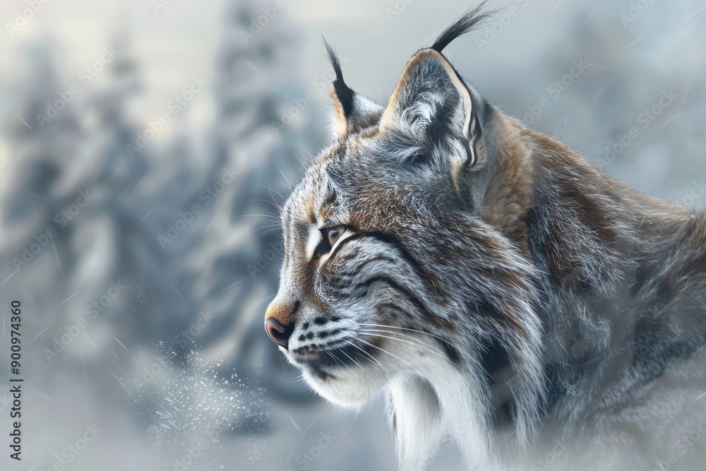 Obraz premium A majestic lynx stares intently into the distance, its fur blending seamlessly with the snowy winter landscape.