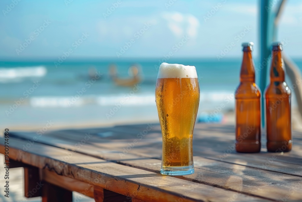 Glass with lager foamy chill beer and beer bottles standing on wooden table at local bar on beach. Sea background. Concept of summer, vacation, relaxation, travelling, leisure time - generative ai Glass with lager foamy chill beer and beer bottles standing on wooden table at local bar on beach. Sea background. Concept of summer, vacation, relaxation, travelling, leisure time - generative ai