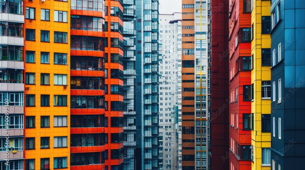 High-rise buildings with unique, colorful designs in an urban setting High-rise buildings with unique, colorful designs in an urban setting