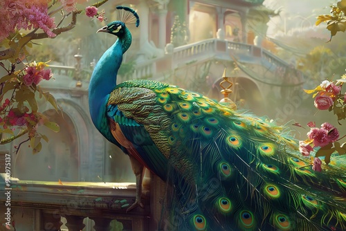 A majestic peacock stands on a stone railing, its iridescent feathers shimmering in the sunlight. photo