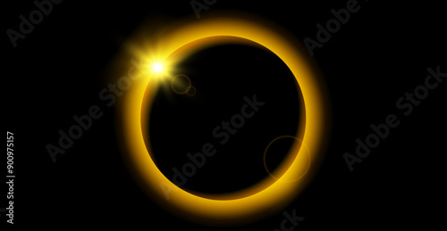 Yellow planet eclipse concept. Solar light glare effect. Abstract glowing sun crown in dark space. Earth halo with blazing edge. Vector illustration design for poster, banner, cover, brochure, booklet