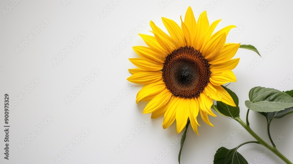 Obraz premium Single sunflower on white background.