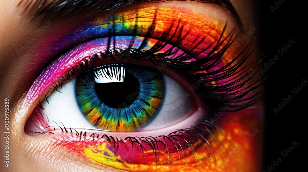 Close-up profile view of a woman's eye with a vibrant, multicolored rainbow iris against a white background. The photo emphasizes the unique pattern and color diversity of the iris, Close-up profile view of a woman's eye with a vibrant, multicolored rainbow iris against a white background. The photo emphasizes the unique pattern and color diversity of the iris,