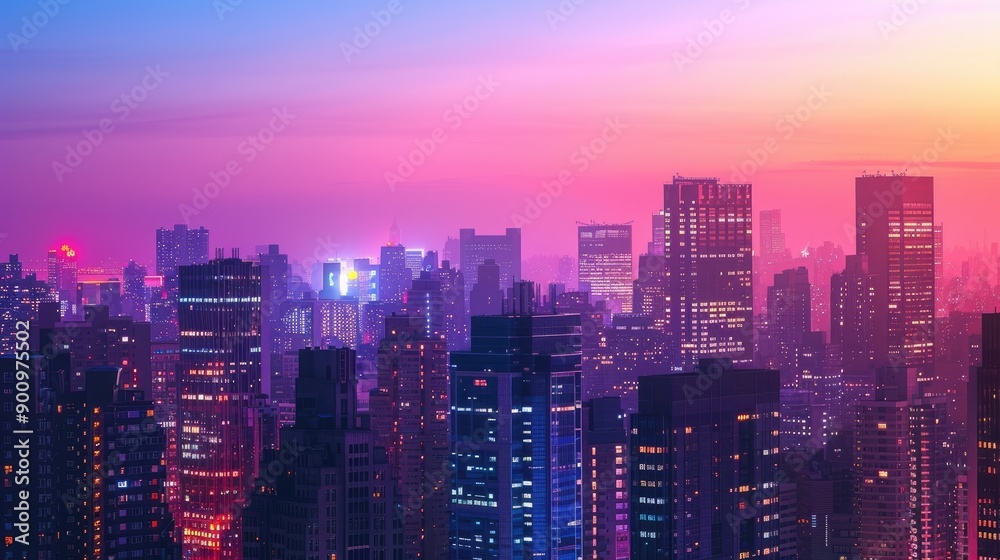 Obraz premium Tall, brightly lit buildings creating a colorful skyline at twilight