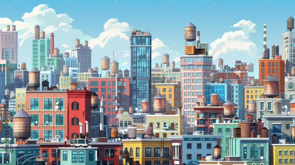 Fototapeta premium Urban landscape with tall, multicolored buildings and bustling activity