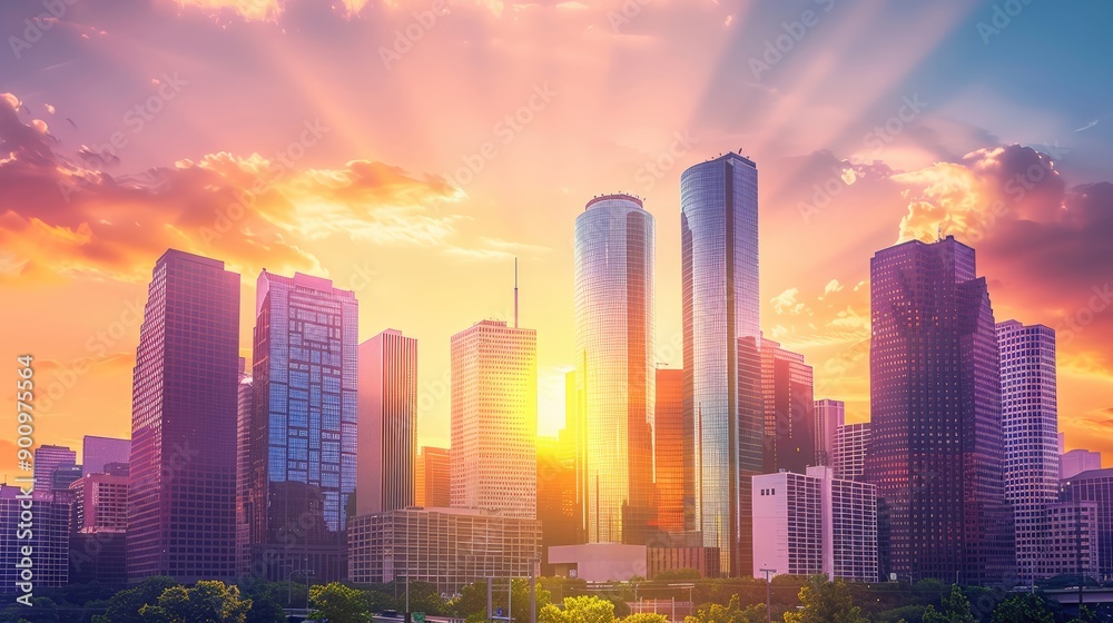 Obraz premium Urban skyline with tall, colorful skyscrapers under a sunset sky