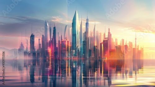 Stunning skyline featuring a mix of modern and colorful skyscrapers