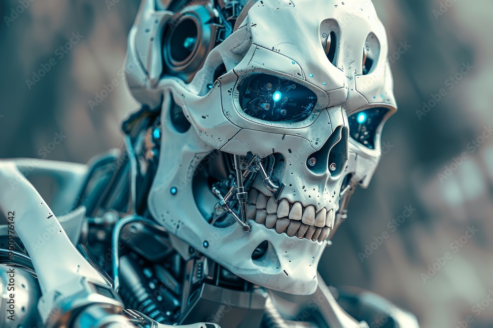 Fototapeta premium AI artificial intelligence Digital rendering of a humanoid robot with a skull symbolizing robotics and technology in a dark and dramatic style 