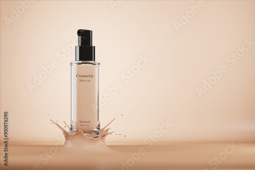 A mockup cosmetic bottle is placed on a flesh-colored liquid with a splash of liquid. 3D illustration