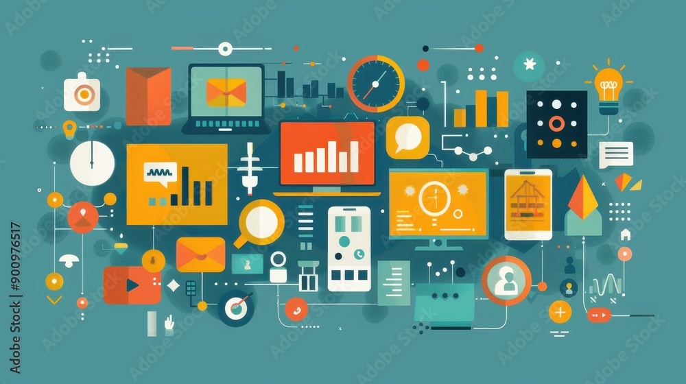 A colorful image of various devices and screens, including a laptop A colorful image of various devices and screens, including a laptop